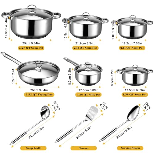 Hunnycook Stainless Steel Cookware Set - 15 Pieces Stainless Steel Pots and Pans Set, Includes 6 Pots and Pans, 6 Lids and 3 Utensils, Fixed Handles, Induction Safe and Dishwasher Safe