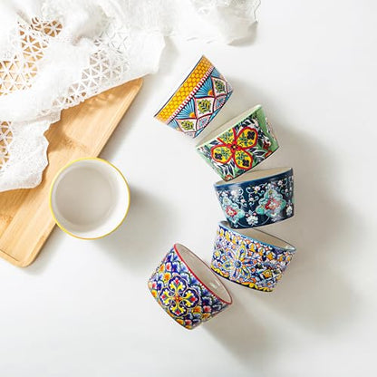 8 oz Ramekins Oven-Safe – Baking Cups for Creme Brulee, Puddings, Souffles, Custards, Ice Cream & Dips – Ceramic Single-Serve Bowls Set of 6, Bohemian Style