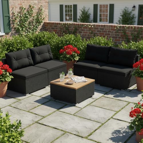 Tangkula 5 Pieces Wicker Patio Furniture Set, Outdoor 4 Armless Rattan Sofa & Coffee Table Set, with Cushions, Acacia Wood Tabletop, Sectional Patio Conversation Set for Lawn, Yard, Poolside, Black