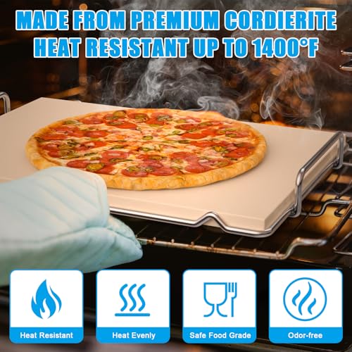 Outspark Pizza Stone with Grill Rack for Ninja Woodfire Outdoor Smoker XL OG800 OG900 Series Grill Accessories, Rectangle Pizza Baking Stone Set for Oven and Grill Baking