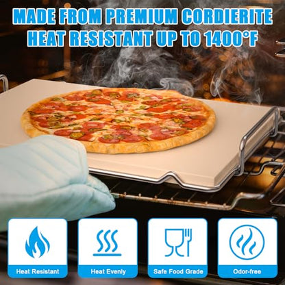 Outspark Pizza Stone with Grill Rack for Ninja Woodfire Outdoor Smoker XL OG800 OG900 Series Grill Accessories, Rectangle Pizza Baking Stone Set for Oven and Grill Baking