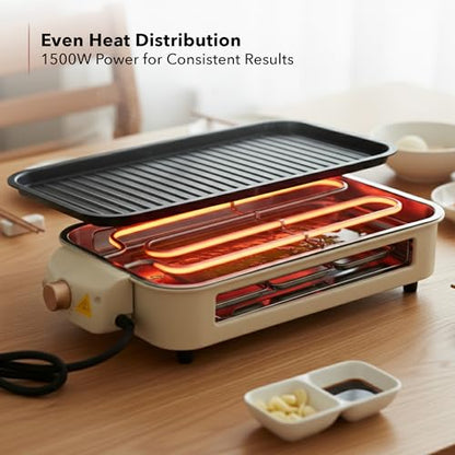 OVENTE 2-in-1 Electric Indoor Grill, 1500W Smokeless Korean BBQ Griddle with Non-Stick Removable Cooking Plate, 3 Raclette Cheese Pans, Adjustable Temperature Control, Dishwasher Safe, Beige BQR1502B