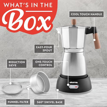 Gourmia Electric Moka Pot Espresso Maker – 6 Shot Italian-Style Coffee Brewer, 550W Detachable 360° Cordless Base, Food-Grade Aluminum, Beechwood Handle