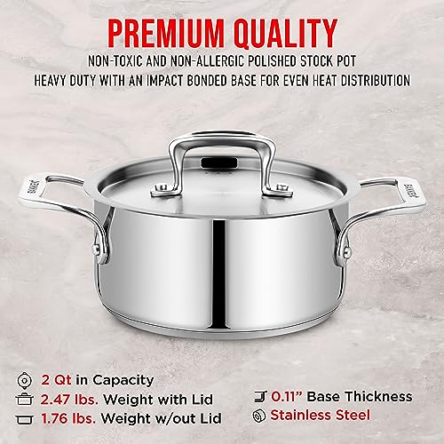 Stainless Steel Stockpot with Lid 2 Quart, Durable 18/8 Stainless Steel, Impact-Bonded Base for Even Heating, Riveted Handles, Oven & All Stove Compatible, Safe Up To 500°F (260°C)