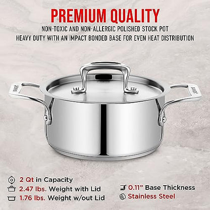 Stainless Steel Stockpot with Lid 2 Quart, Durable 18/8 Stainless Steel, Impact-Bonded Base for Even Heating, Riveted Handles, Oven & All Stove Compatible, Safe Up To 500°F (260°C)