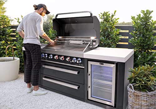 Mont Alpi MAi805-BSSFC 44-inch 6-Burner 115000 BTU Black Stainless Steel Gas Outdoor Kitchen Bar Island Grill w/Wine Cooler Beverage Center Refrigerator + Infrared Side Burner + Granite Countertop