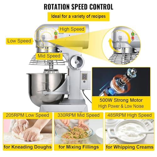 Happybuy 10Qt Commercial Food Mixer with Timing Function， Commercial Mixer 500W Stainless Steel Bowl Heavy Duty Electric Food Mixer Commercial with 3 Speeds Adjustable, Perfect for Bakery Pizzeria