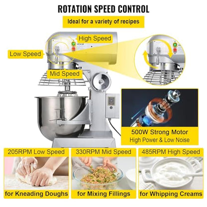 Happybuy 10Qt Commercial Food Mixer with Timing Function， Commercial Mixer 500W Stainless Steel Bowl Heavy Duty Electric Food Mixer Commercial with 3 Speeds Adjustable, Perfect for Bakery Pizzeria