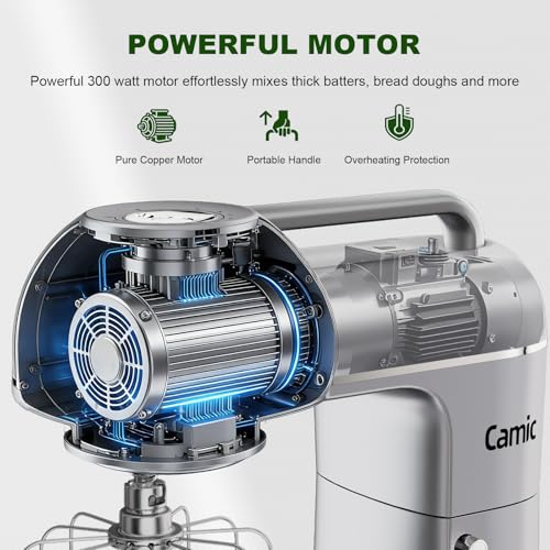 Camic Electric Stand Mixer,7.45 QT,10 Speeds with Dough Hook,Whisk, Flat Beater Attachments, Splash Guard, Easy-Carry Top Handle,3-IN-1 Kitchen Mixer for Baking Cakes Cookie Bread Salad (Silver)