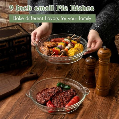 Uiifan 2 Packs 9 Inches Mini Glass Pie Pan for Baking Clear Pie Plate with Handles Round Glass Dish for Baking and Serving, Snacks, Salads, Desserts