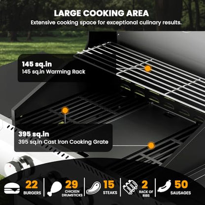 4-Burner Gas BBQ Grill with Side Burner, Porcelain-Enameled Cast Iron Grates, Baking Pan, 42,000 BTU Stainless Steel Propane Grill for Outdoor Cooking and Patio Barbecues