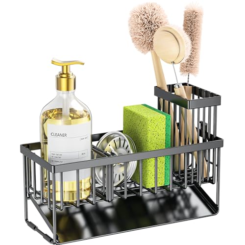 Cisily Sink Caddy Sponge Holder for Kitchen with Brush Holder and Stainless Steel Self Drain Tray, Rustproof Kitchen Sink Organizer for Sponge, Soap Dispenser Storage Accessories