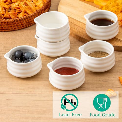 YumiPLUS 6pcs Ceramic Dipping Bowl with Spout, 3OZ Porcelain Mini Ramekins, Small Condiment Dish, Cute Pinch Bowl Set, Sauce Dish for Sushi/Ketchup/BBQ,Oven Safe