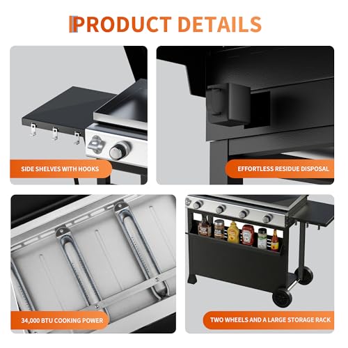 Grills 4 Burner Propane Gas Grill 32,000 BTU Stainless Steel Outdoor Patio Barbecue Grill Propane Gas Griddle with Removable Cart Portable Griddle for Outdoor Cooking, BBQ Camping, Backyard