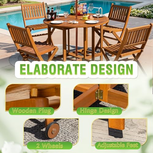 Greesum 5 Piece Patio Dining Set Outdoor Acacia Wood Furniture All-Weather Folding Round Table and Chairs for Backyard, Balcony, Porch, Deck, Garden, Light Brown