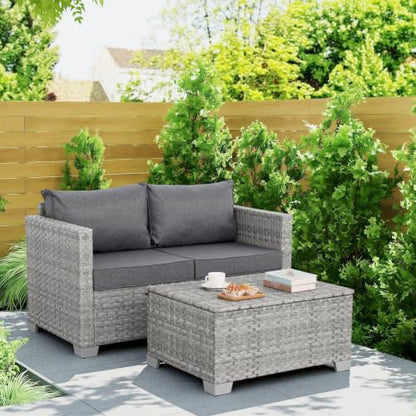 WAROOM Outdoor Patio Loveseat Wicker Small Couch 2-Seater Rattan Sofa Balcony Furniture Deep Seat Porch Seating, Grey Cushion