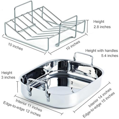 Cooks Standard Stainless Steel Roaster Pan with V-Shaped Rack, Inner 14-Inch x 11-Inch; Edge 15-Inch x 12-Inch; Turkey Roasting Pan Bakeware for Oven, Rectangular
