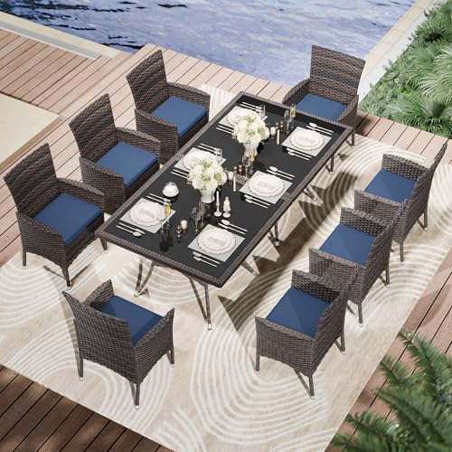 Kullavik 10 Pieces Outdoor Dining Set Patio Rattan Furniture Set,Patio Dining Table and Chairs Set with 8 Chairs and Cushions,Square Glass Tabletop with Umbrella Hole for Patio,Backyard,Navy Blue