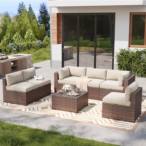 LazySunsets 7 Piece Outdoor Patio Furniture Set with Coffee Table, Outdoor Patio Furniture Sets with Waterproof Cover, Wicker Rattan Outdoor Conversation Set for Backyard & Garden, Beige