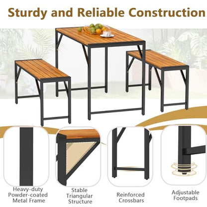 Tangkula 3-Pieces Patio Dining Set for 4 People, Outdoor Picnic Table & 2 Benches, 44" Acacia Wood Dining Table w/Metal Frame, Space-Saving Dinette Set for Garden Porch Poolside Yard Balcony