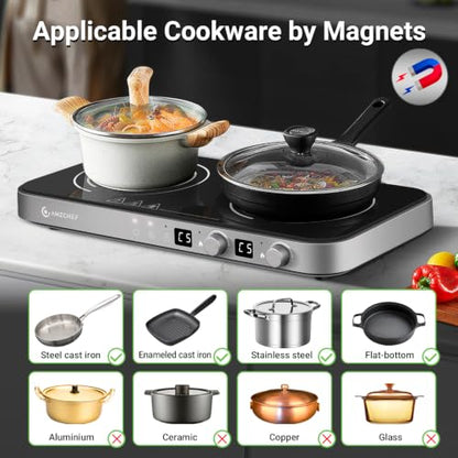 AMZCHEF Double Induction Cooktop, 1800W 2 Burner with Griddle Pan, Grey
