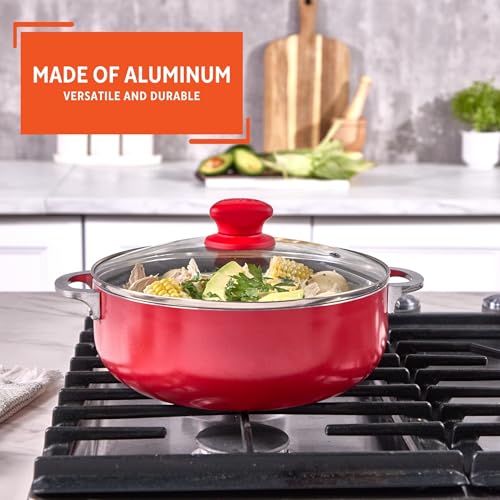 IMUSA 3.2 Qt Red Aluminum Dutch Oven with Black Ceramic Nonstick, Glass Lid & Riveted Handles – Oven Safe Caldero for Everyday Cooking