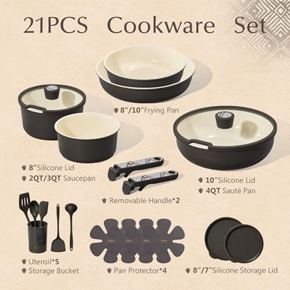 CAROTE 21-Piece Ceramic Cookware Set, Nonstick Pots and Pans Set with Detachable Handle, Non-Toxic Kitchen Cooking Set, Induction Compatible, Dishwasher & Oven Safe, Charcoal