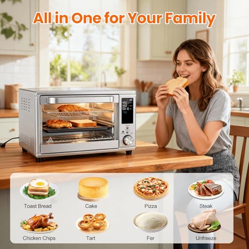 OLIXIS Toaster Oven Countertop, 29.6QT Air Fryer Toaster Oven Combo, 12-in-1 with Smart Probe, Broil, Bake, Toast & Specialized Presets, Temp Up to 450°F, 6 Accessories Included, Stainless Steel