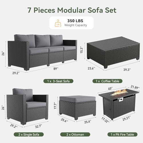 Aoxun Patio Furniture Set with Fire Pit Table, 7 Seats Piece Outdoor Furniture Set with Wicker Ottomans, Rattan Outdoor Sectional Sofa with Storage Table & Waterproof Cover Grey