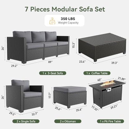 Aoxun Patio Furniture Set with Fire Pit Table, 7 Seats Piece Outdoor Furniture Set with Wicker Ottomans, Rattan Outdoor Sectional Sofa with Storage Table & Waterproof Cover Grey