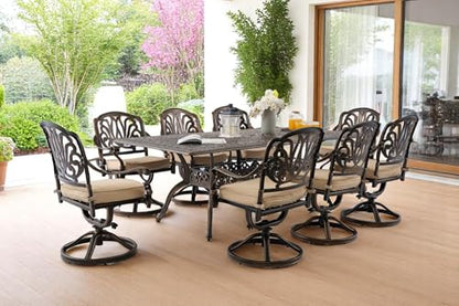 Ailismail 𝟗 𝐏𝐢𝐞𝐜𝐞 Outdoor Dining Set Cast Aluminum Furniture Set, Retro Patio Dining Set for 8 Includes 86.6’’ Table & 6 Swivel Chairs with Cushion and Umbrella Hole for Patio Deck Poolside