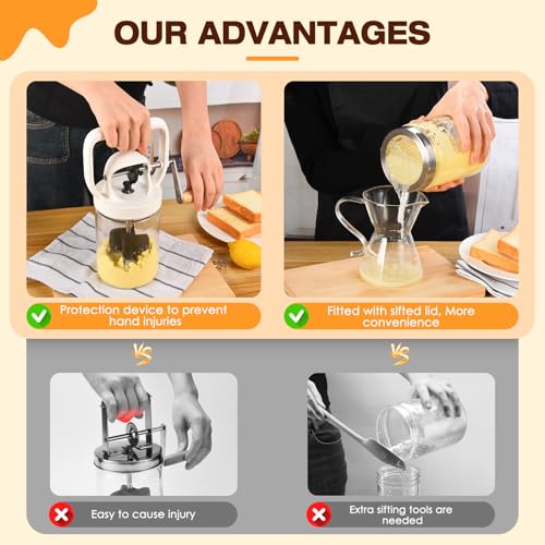CAROD Traditional Manual Butter Churn Maker, 1.2L Capacity Glass Jar with Sifting Lid, Create Delicious Homemade Butter within 15 Min, Upgraded Design Protect from Injury