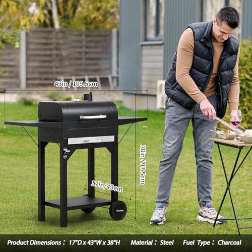 MASTER COOK Charcoal Grills with Two Side Tables, 332 SQIN Cooking Area Outdoor Smoker Barbecue bbq grill for Camping, Patio,Backyard Party, Picnic, Black