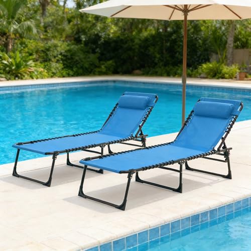 Foristrail 2 Pack Outdoor Folding Chaise Lounge 5-Position Adjustable Recliner 400LB Heavy Duty Portable Patio Camping Beach Chair, Blue