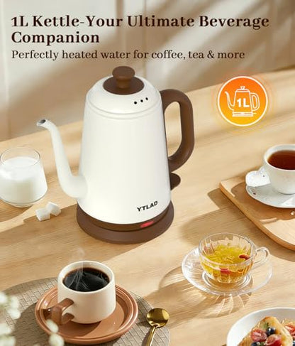 YTLAD Gooseneck Electric Kettle 1L, 1000W Fast Boiling for Pour-Over Coffee & Tea, 304 Stainless Steel BPA-Free, Precise Flow Spout, Auto Shut-Off & Boil-Dry Protection, Retro Style (White)