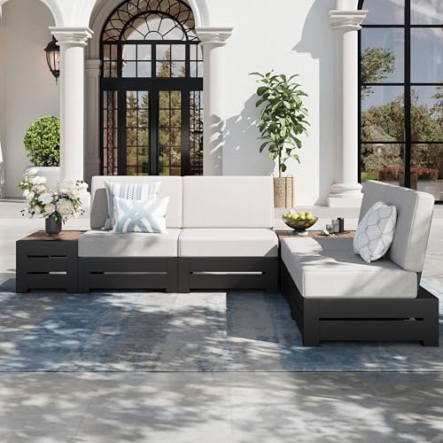SUNSHINE VALLEY Upgraded 6-Piece Metal Patio Furniture Set with 5.9" Thick Cushion, Outdoor Sectional Furniture Conversation Set with Coffee Table & Side Table, Patio Modular L Shape Sofa for Backyard