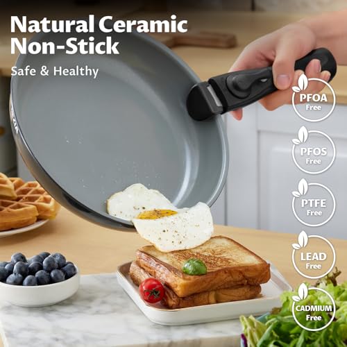 BEZIA Induction Cookware with Healthy Ceramic Coating, Camping Pots and Pans Set Nonstick 10pcs with Detachable Handles, Induction RV Kitchen Set with Removable Handles, Oven Safe