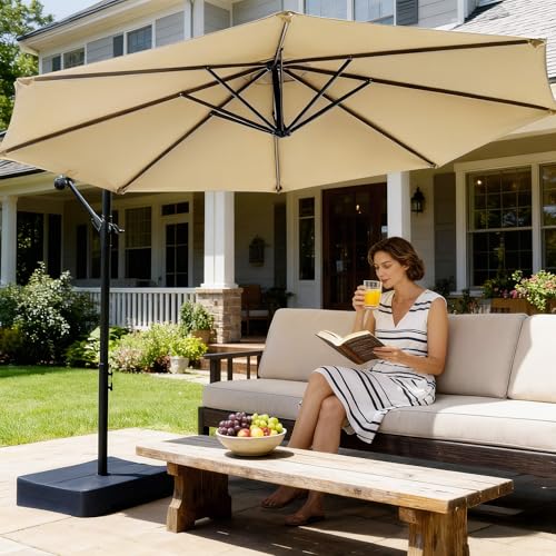 OLILAWN Cantilever Offset Patio Umbrellas, Outdoor 10 feet Large Patio Umbrella with Base Included, Upgraded Yarn-dyed Fabric Shade, Sturdy 8 Rids, 360 Degree Rotation & Easy Tilt Adjustment, for Pool Deck Porch Backyard Garden, Beige