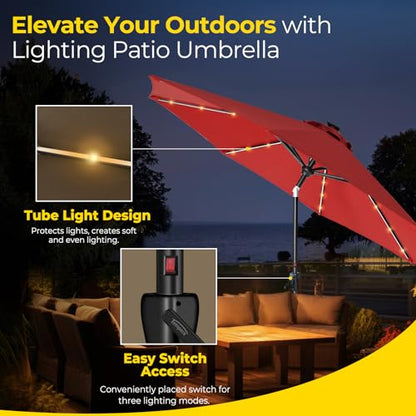 Tempera 9ft Patio LED Umbrella with light | Solar Outdoor Umbrella | Market Table Parasol with Push Button Tilt and Crank, with Sturdy Pole&Fade resistant canopy,Easy to set