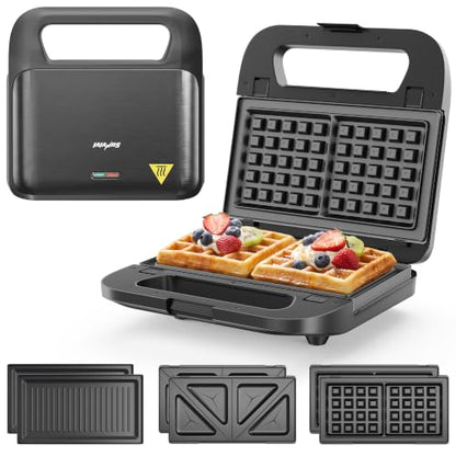 3 in 1 Electric Sandwich Maker with Removable Nonstick Plates - 750W, Black for Belgian Waffle/Panini/Grill/Pancake Griddle/Breakfast, Dishwasher Safe, Cool Touch Handle, Easy to Clean & Store