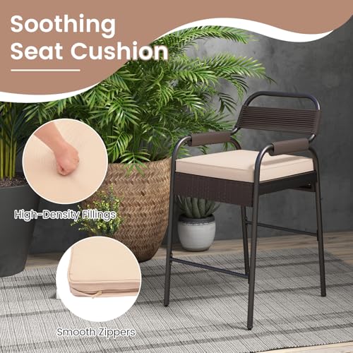 Tangkula 5-Piece Patio Rattan Bar Set, Counter Height Square Table with 4 Wicker Counter Stools, All-Weather Tabletop, Cushioned Outside Dining Set for Poolside, Backyard (Brown)