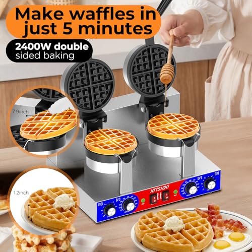HTTSICHI Commercial Belgain Waffle Maker - Rotating Double Waffle Maker w/Non-stick and 1.2 in Thick, Filp Belgian Waffle Machine w/ 122-572℉ Temp Range and Timer, Stainless Steel Waffle Iron, 2400W