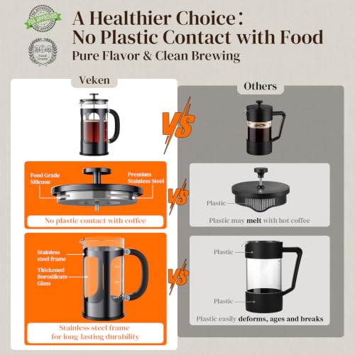 Veken French Press Coffee Maker 34oz, No Plastic Touching Cafe,Thickened Glass Stainless Steel Brewer, Cold Brew Cafetera Tea pot for Kitchen Travel Camping, Gifts, Decor, Bar Accessories, Dark Pewter