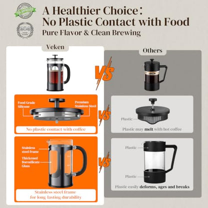 Veken French Press Coffee Maker 34oz, No Plastic Touching Cafe,Thickened Glass Stainless Steel Brewer, Cold Brew Cafetera Tea pot for Kitchen Travel Camping, Gifts, Decor, Bar Accessories, Dark Pewter