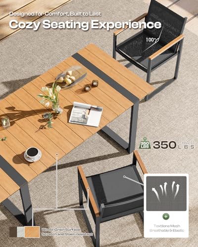 Oasbira Outdoor Dining Set, HDPS + Aluminum Patio Table and Chairs Set with U-Shaped Base, 7 Piece Outdoor Furniture Set with Umbrella Hole, Patio Dining Table Set for Garden, Backyard (Gray-Teak)