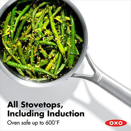 OXO Mira Tri-Ply Stainless Steel, 1.5QT Covered Chef's Pan with Lid, PFAS-Free, Multi Clad, Induction, Dishwasher Safe, Oven Safe, Silver