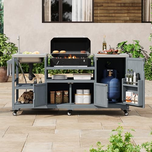 Merax 75.4" Outdoor Kitchen Island with Sink, Solid Wood Outdoor Grill Cart for Big Green Egg Grills, Rolling Outdoor Bar Cart with Stainless Steel Top for Pizza Prep & BBQ, Grey+Blue