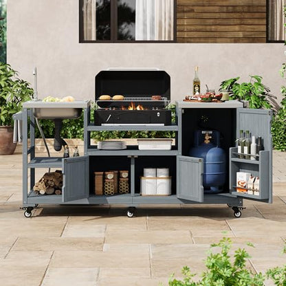 Merax 75.4" Outdoor Kitchen Island with Sink, Solid Wood Outdoor Grill Cart for Big Green Egg Grills, Rolling Outdoor Bar Cart with Stainless Steel Top for Pizza Prep & BBQ, Grey+Blue