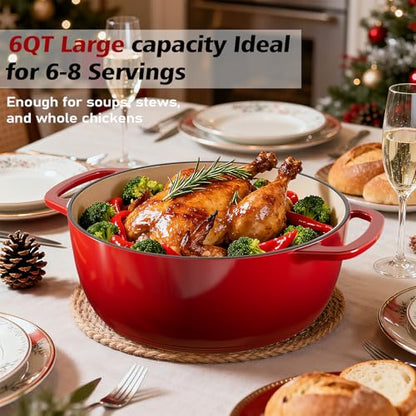 Umite Chef 6QT Enameled Cast Iron Dutch Oven with Lid, Versatile Heavy-Duty Cookware Pot for Baking Bread, Braising, Soups & Stews, Oven & Stovetop Safe with Heat Resistant Gloves（Red）