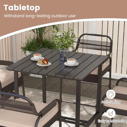 Tangkula 5-Piece Patio Rattan Bar Set, Counter Height Square Table with 4 Wicker Counter Stools, All-Weather Tabletop, Cushioned Outside Dining Set for Poolside, Backyard (Brown)
